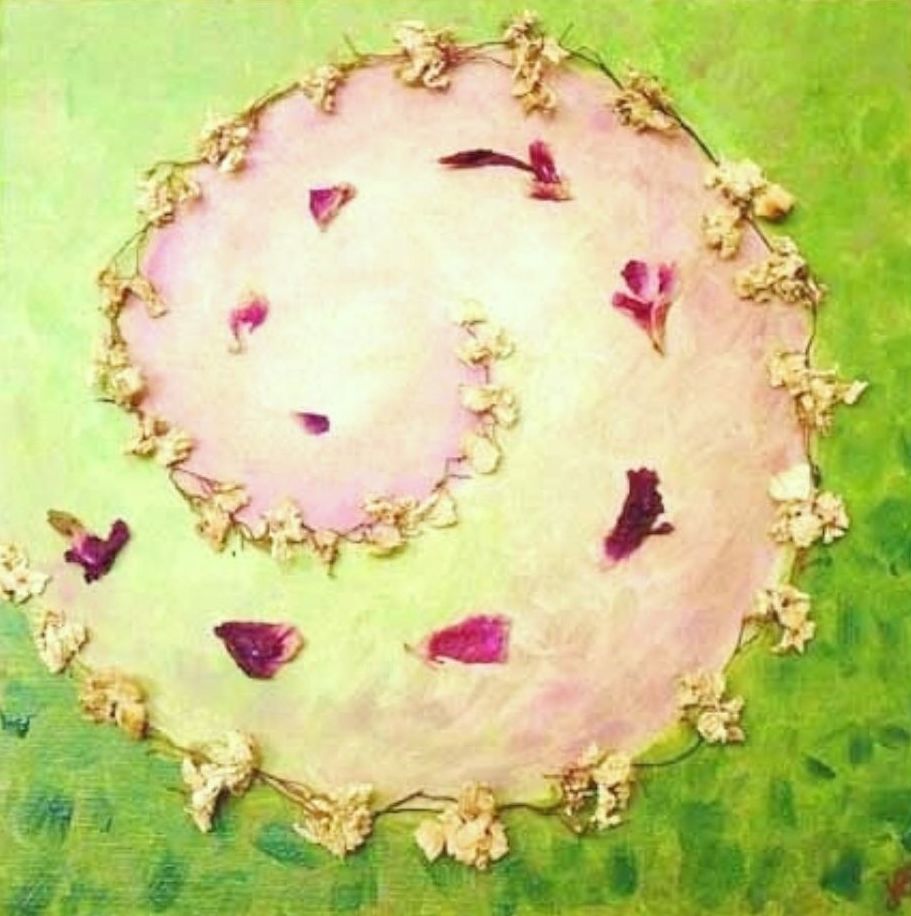 Nature Inspired Custom Wedding Art by Jill Lena Ford spiral with natural materials flowers, sand, shells and green and pink paint colors.